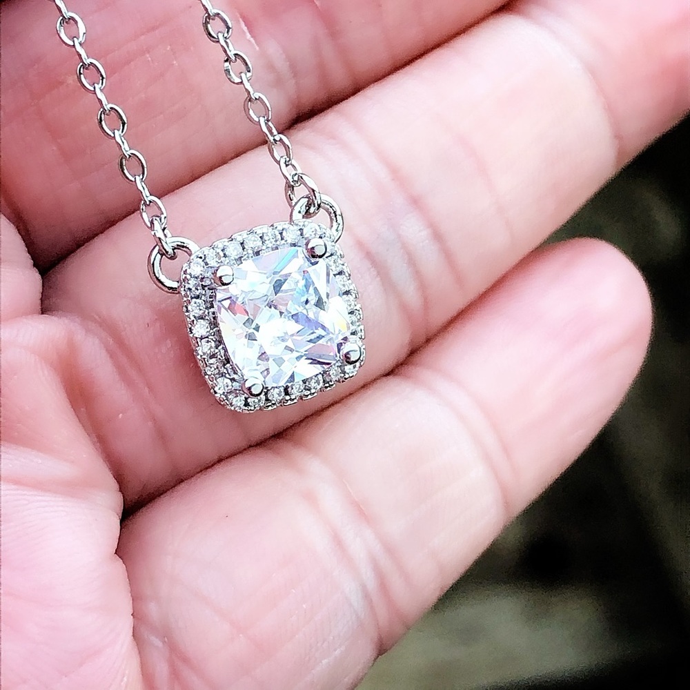 925 Cushion Cut Diamond with Halo Necklace